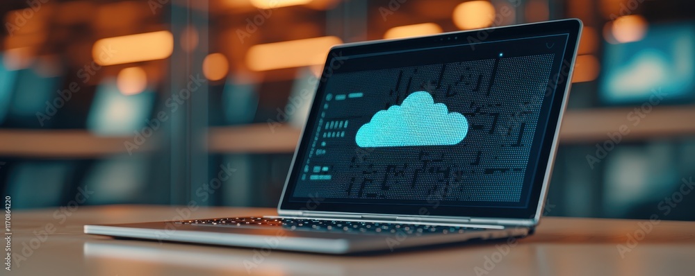 Poster laptop displaying cloud computing data digital technology concept modern workplace