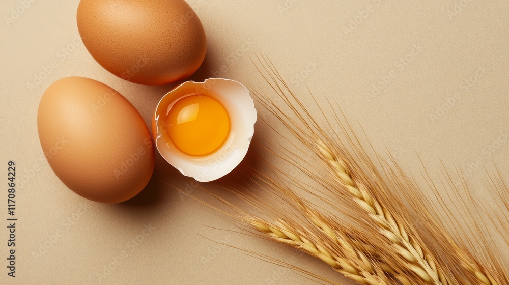 Poster three eggs with one of them cracked open and a piece of wheat next to it. scene is simple and natura