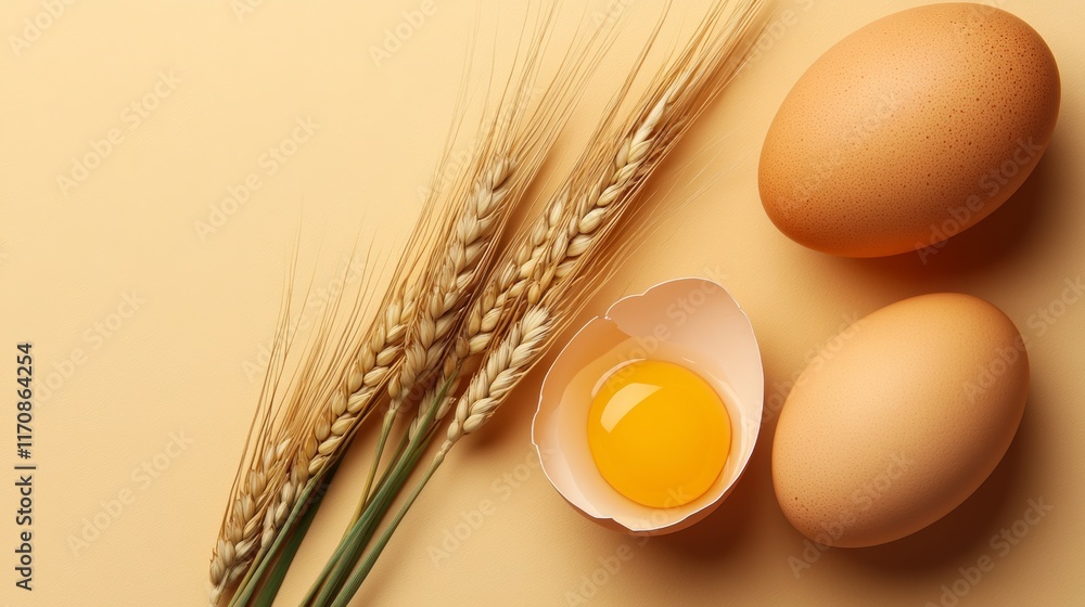 Poster close up of an egg and some wheat. the egg is cracked open and the yolk is visible. the wheat is in 