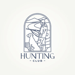 minimalist duck hunting club line art icon badge logo vector illustration design. simple modern wildlife hunter with a dog emblem logo concept