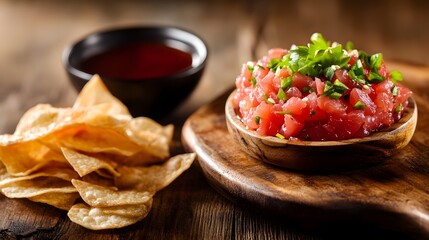 Artistic and Flavorful Tuna Tartare Served with Wonton Chips and Soy Sauce for a Memorable Dining Experience