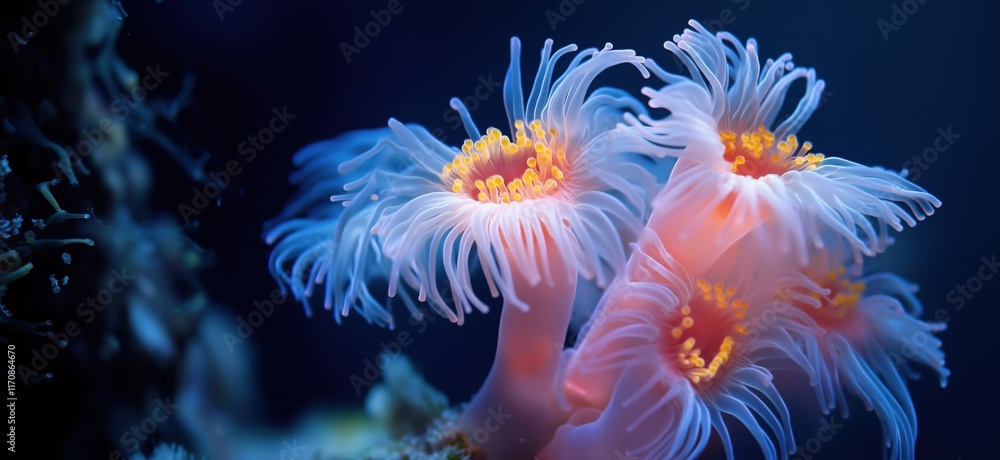 Poster vibrant coral polyps displaying intricate structures and luminous colors in underwater environment, 