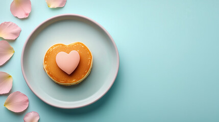 Delicious heart shaped pancake on pastel plate, surrounded by rose petals, creating romantic atmosphere.