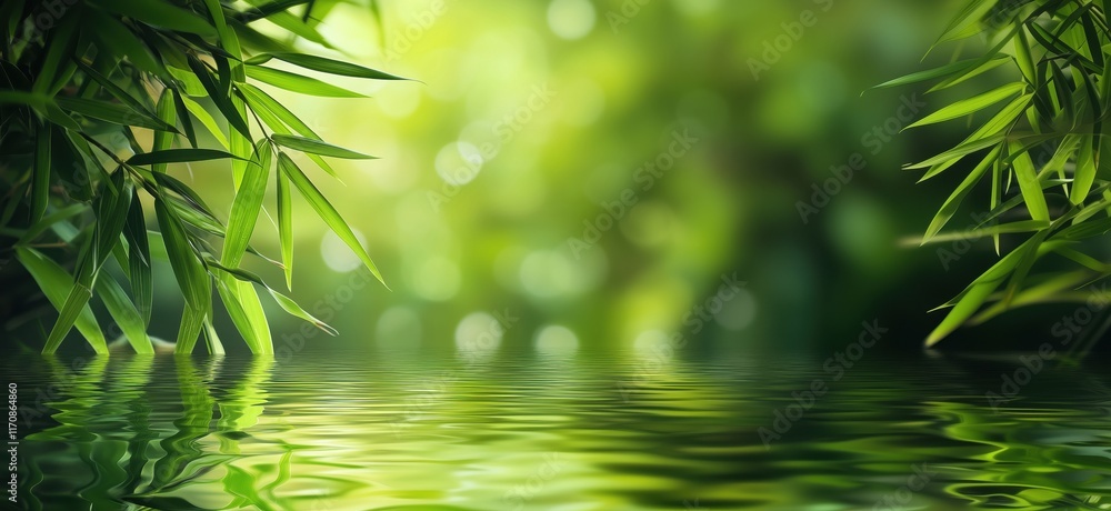 Poster serene bamboo forest reflection on water surface with lush greenery and soft bokeh background, copy 