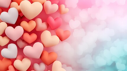 Fototapeta premium A colorful arrangement of various hearts on a soft gradient background, evoking feelings of love and affection.