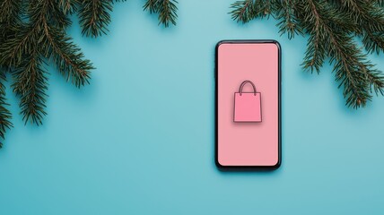 Festive Online Shopping Smartphone Displaying Shopping Bag Icon with Pine Branches on Teal