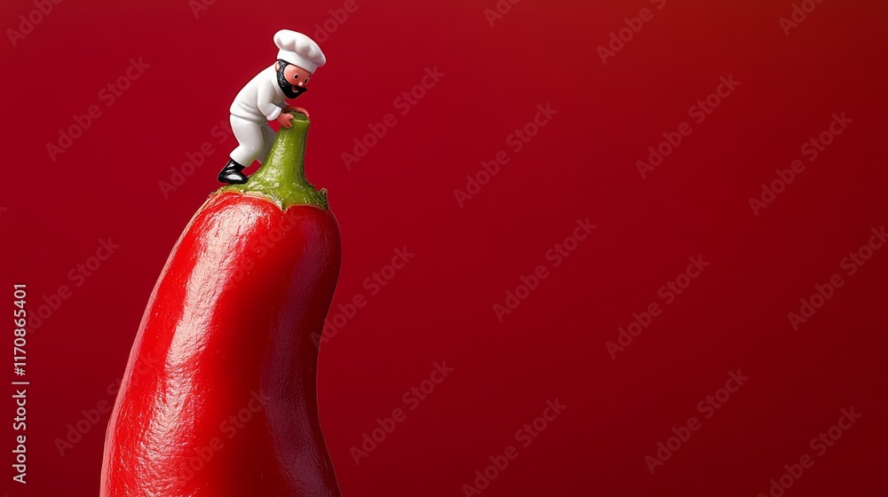Aufkleber man in a chef's hat is standing on top of a red pepper. the image has a playful and whimsical mood, 