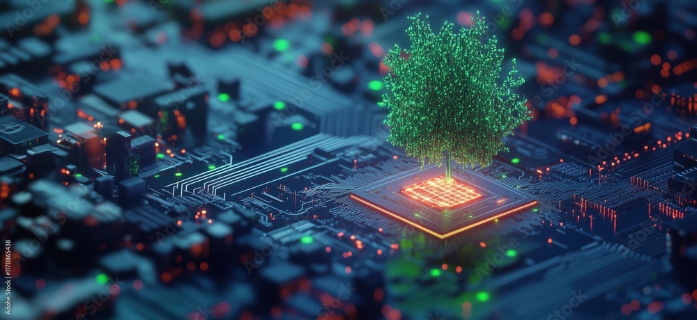 Poster tree growing from computer chip symbolizing nature and technology integration, futuristic concept of