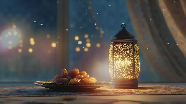 decorative plate of dates intricately designed with lantern and blurred background, empty space for decorative gift greeting design and text