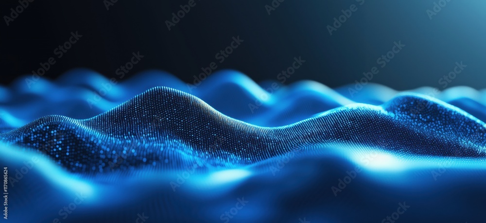 Poster abstract blue wave patterns created by particles resembling digital landscape, showcasing depth and 