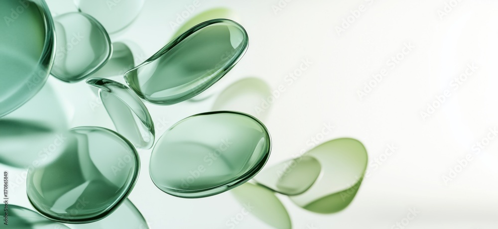 Poster abstract green glass shapes floating in soft light, showcasing smooth curves and reflections, creati