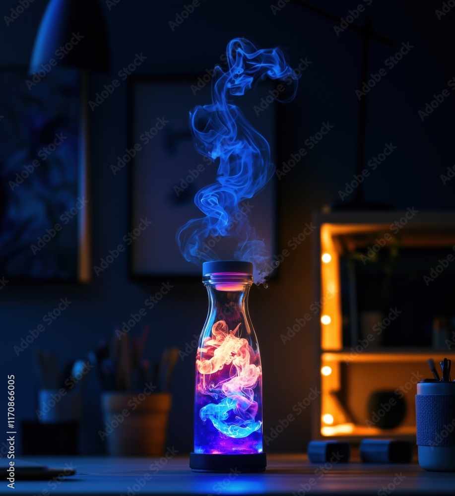 Poster illuminated glass bottle with colorful smoke swirling inside, creating a mesmerizing visual effect i