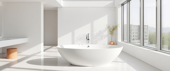 Fototapeta premium A spacious bathroom showcases a sleek freestanding bathtub positioned beside expansive windows that allow natural light to fill the room. The minimalist decor enhances tranquility