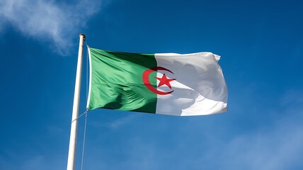 The Algerian flag fluttering proudly under a bright blue sky