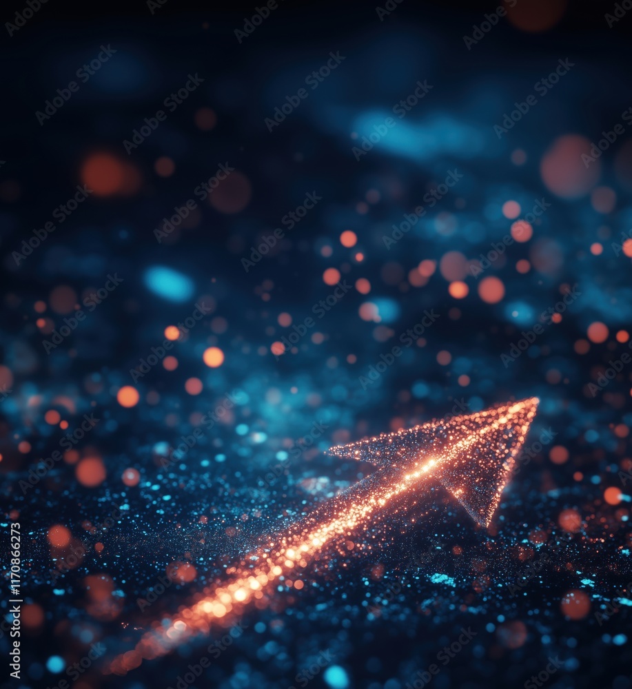 Poster glowing arrow symbolizing progress and direction in abstract digital space with sparkling particles,