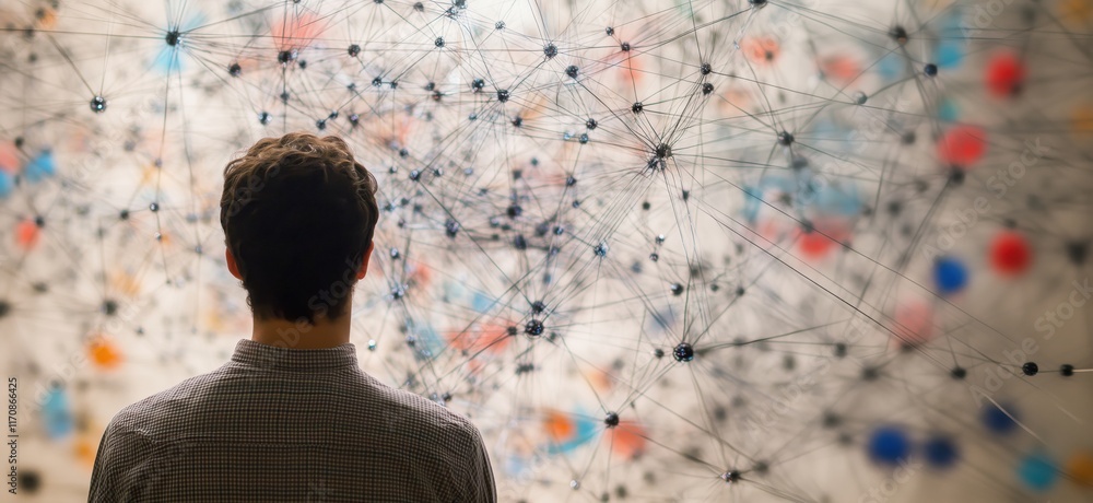 Poster man observing intricate network of connections and nodes, representing complex data visualization an