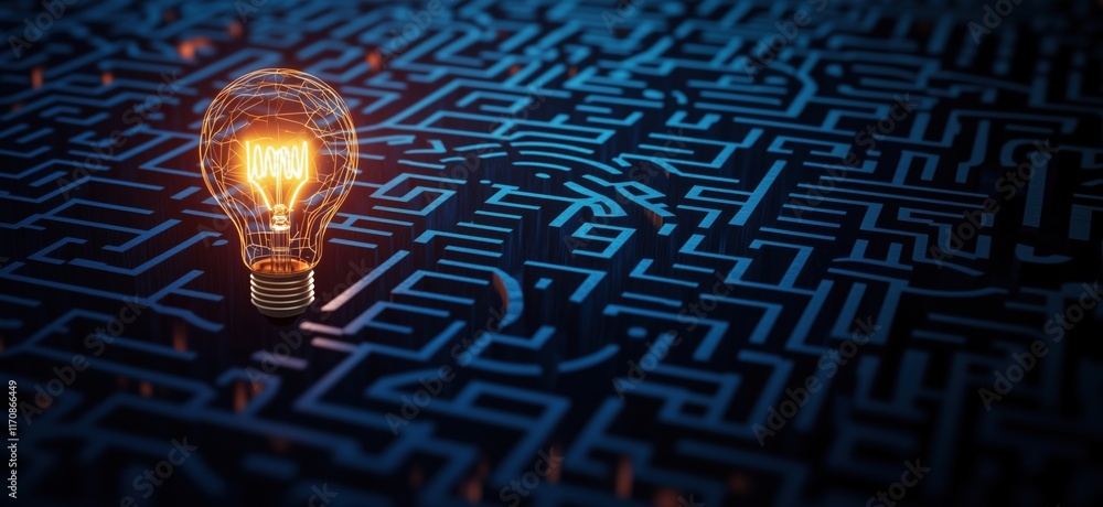 Aufkleber illuminated light bulb symbolizing ideas and solutions amidst complex maze design, representing crea