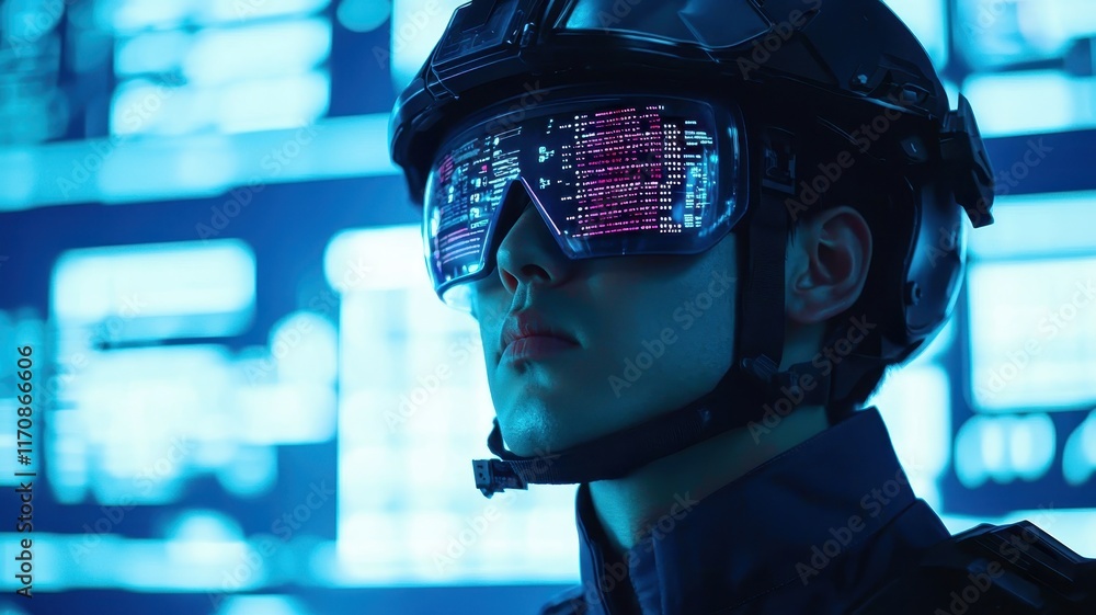 Poster futuristic soldier with augmented reality goggles reviewing data streams