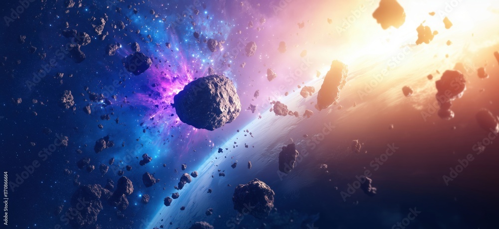 Poster asteroid field in deep space with vibrant cosmic colors and distant planet, copy space for text