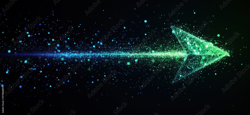 Poster dynamic green arrow composed of glowing particles representing movement and direction in a digital s