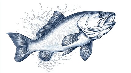 Obraz premium Detailed Line Art Illustration of a Large Fish Leaping from Water Splashing