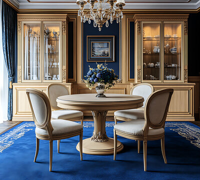 A round dining table with four chairs in beige fabric sits on a blue carpet
