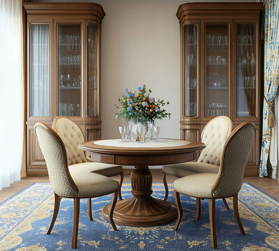 A round dining table with four chairs in beige fabric sits on a blue carpet - Powered by Adobe