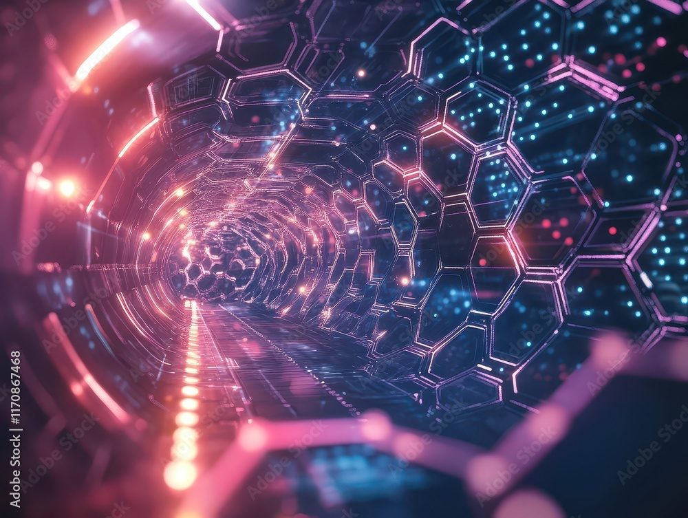 Poster exploring futuristic neon tunnel digital realm visual art high-tech environment immersive perspectiv