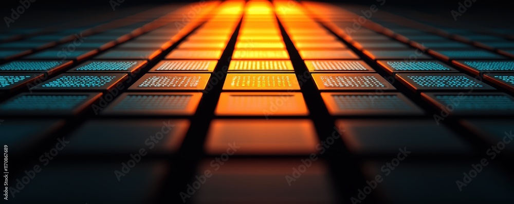 Poster futuristic data center server racks with illuminated microchips and orange glow