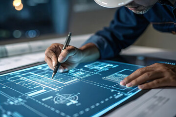 Close up of engineer hand tracing blueprints on digital screen, showcasing precision and focus in architectural design. workspace is illuminated, enhancing details