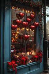 Naklejka premium Valentine day showcase, storefront with heart-shaped balloons and glowing lights, romantic atmosphere.