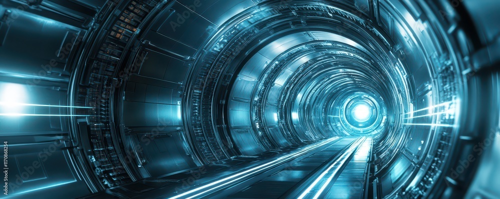 Poster exploring futuristic tunnel journey sci-fi world 3d rendered visual sci-tech environment cinematic p