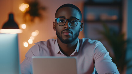 focused young man wearing glasses sits at desk with laptop, surrounded by warm lighting and plants, creating calm and productive atmosphere.