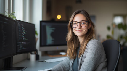 young woman with glasses smiles while working at desk with multiple computer screens displaying code.