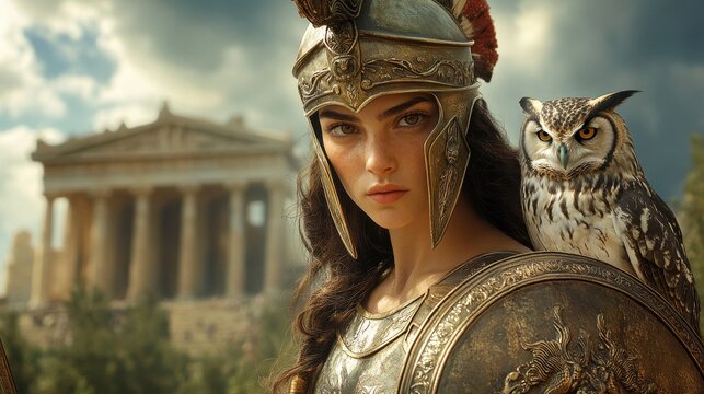 Athena, Goddess of Wisdom and War with Owl and Temple Background