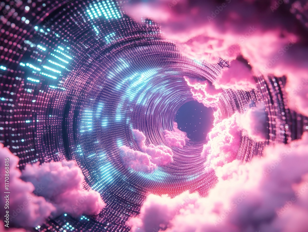 Poster exploring digital vortex abstract imagery of clouds and lights virtual space futuristic concept enig