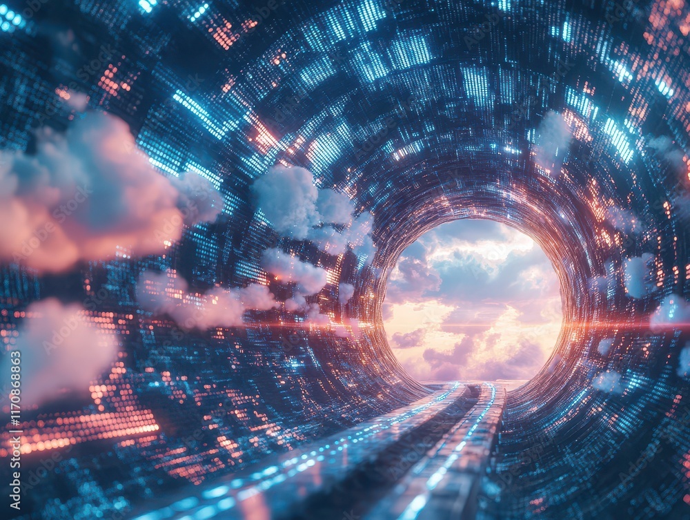 Poster futuristic journey through a digital tunnel virtual world conceptual art sci-fi environment perspect