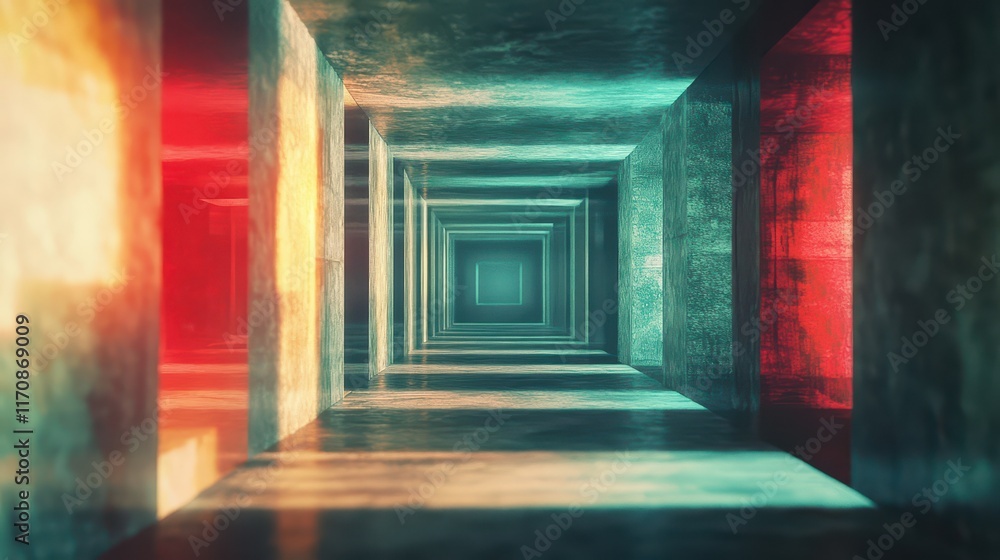 Poster exploring abstract tunnel reflections digital space visual art futuristic environment perspective vi