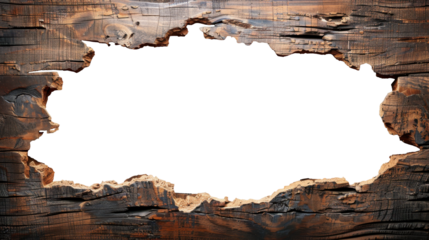Frame made of wood plank. Old wooden wall with a large irregular hole. Perfect for framing text or visuals against the exposed background