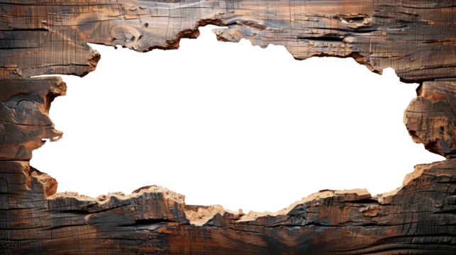 Frame made of wood plank. Old wooden wall with a large irregular hole. Perfect for framing text or visuals against the exposed background