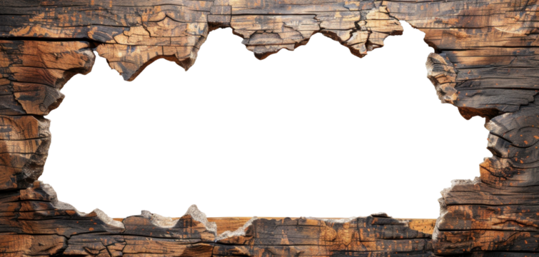 Wooden wall frame with a large irregular hole. Perfect for framing text or visuals against the exposed background