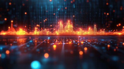 Fototapeta premium Abstract Digital Sound Wave Visualization with Bright Orange and Blue Elements over a Dark Background, Representing Audio Frequencies and Data Analysis Concepts