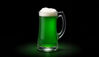 Green beer in clear glass mug against black background