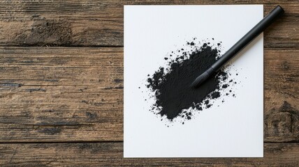 Black Pigment Powder with Paintbrush on White Paper Rustic Wood Background