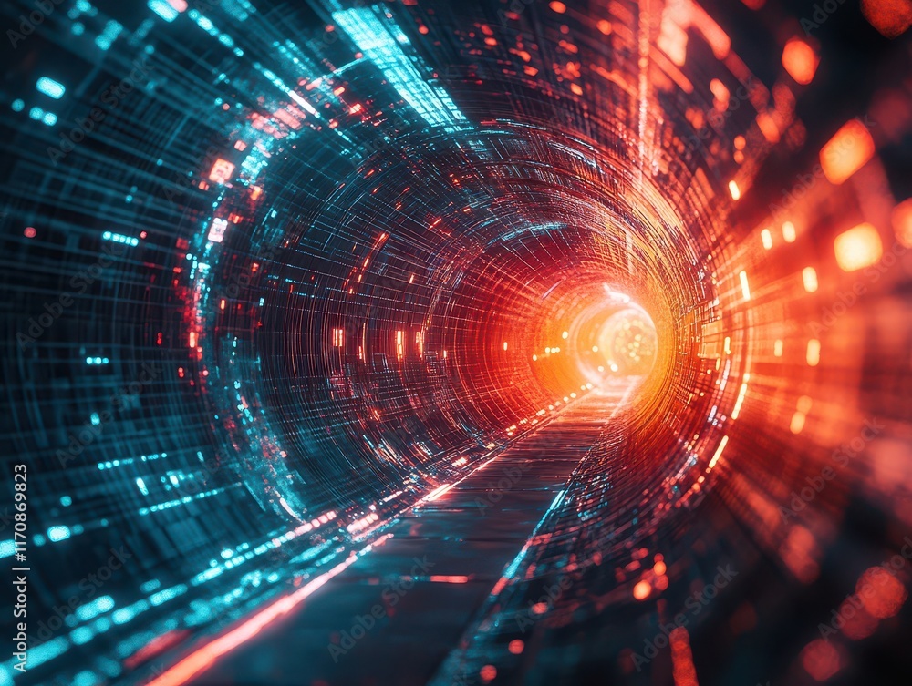 Poster dynamic light tunnel journey futuristic digital world abstract visuals cyber environment point of vi