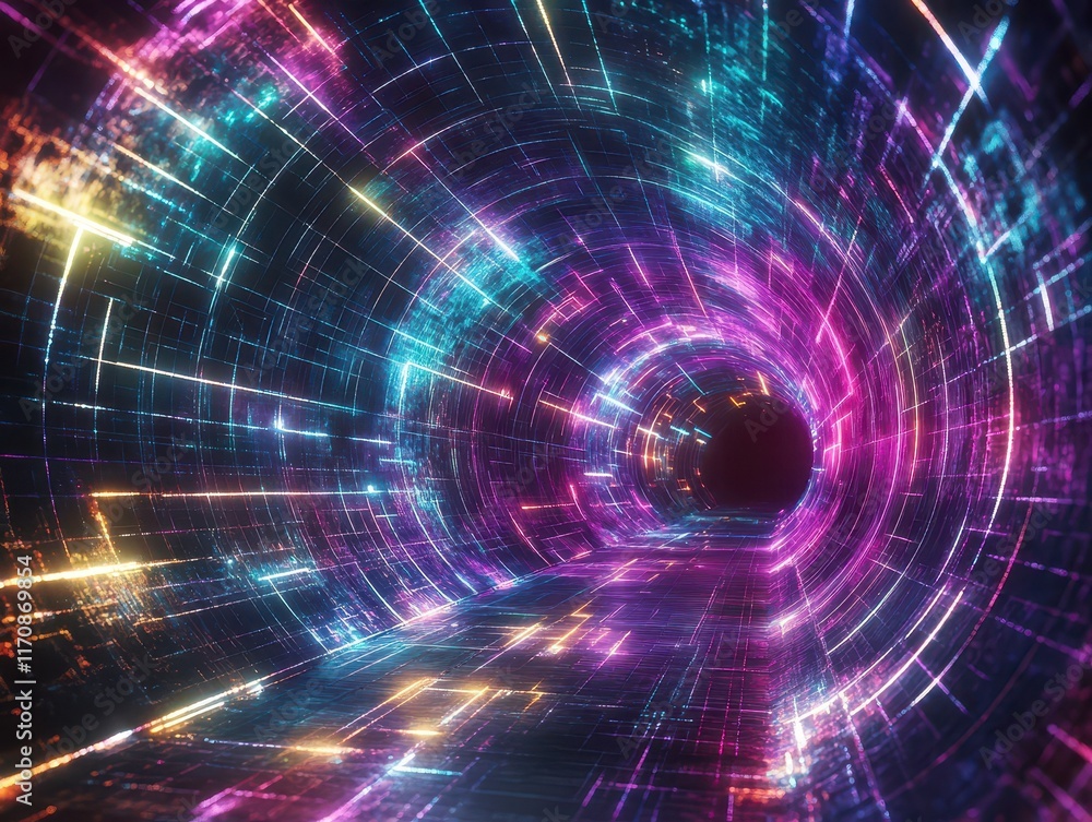 Poster exploring a vibrant data tunnel digital realm abstract art futuristic environment dynamic perspectiv