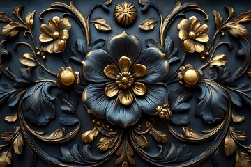 Ornate Dark Blue and Gold Floral Relief Carving