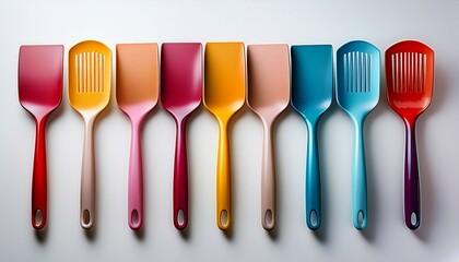 Fototapeta premium Colorful Plastic Spatulas: A Vibrant Kitchenware Display