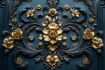 Ornate Dark Blue and Gold Floral Relief Carving