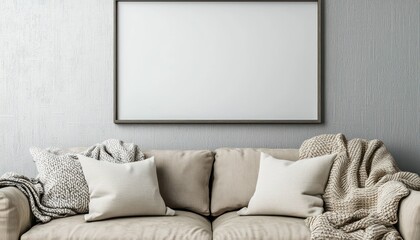 Neutral wall and a blank frame above a beige sofa.